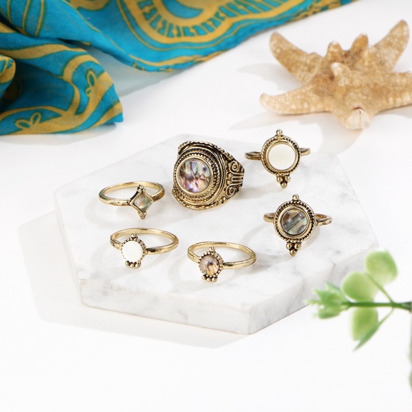 6 Boho Antique Gold Stackable Ring Set - Picture 4 of 7